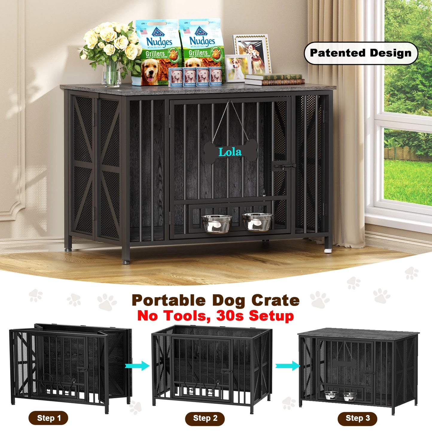 Foldable Large Dog Crate Furniture,31"/41.3"Assembly-Free Dog Crates for Large Dogs,Wooden Dog Kennel Indoor w/ Tag&Dog Bowls