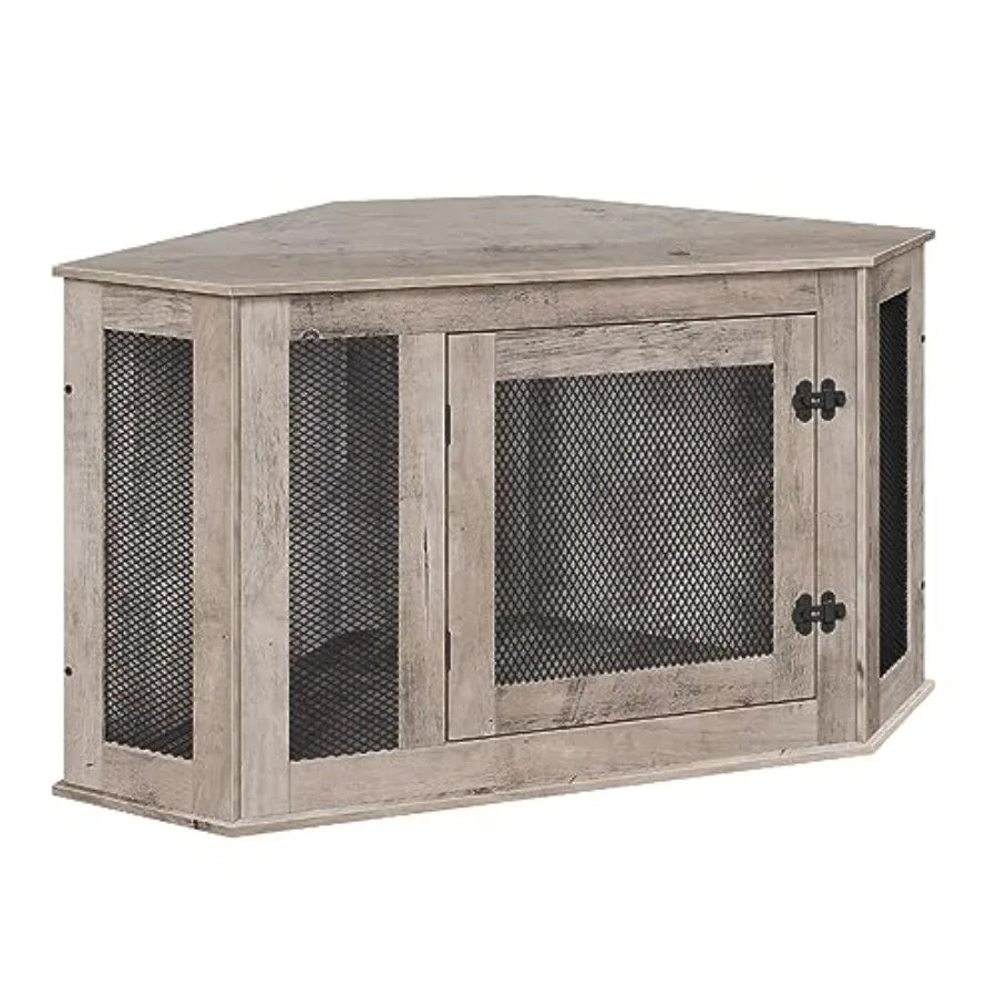 Corner Dog Crate Furniture, Wooden Dog Kennel End Table, Decorative Pet Crate Indoor Use, Furniture Style Dog House for Small M