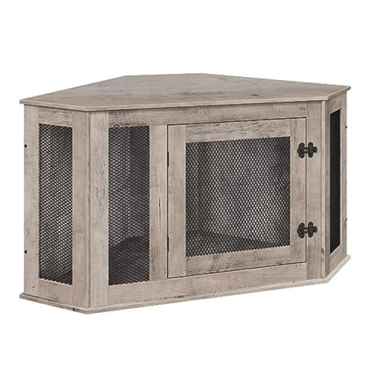 Corner Dog Crate Furniture, Wooden Dog Kennel End Table, Decorative Pet Crate Indoor Use, Furniture Style Dog House for Small M