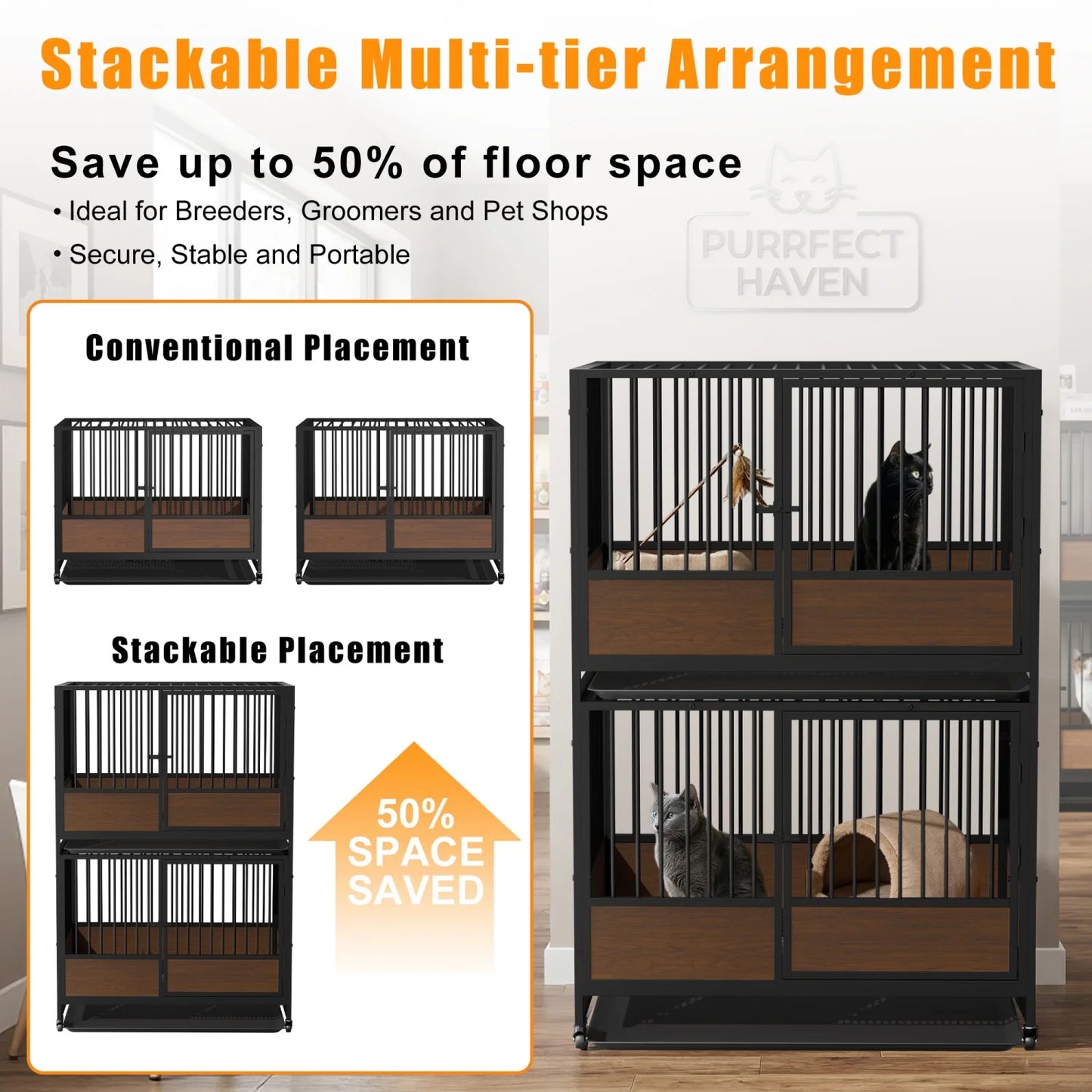 Heavy Duty Dog Crate Cage Kennel Removable Tray Rolling Pet Cat Kitten Whelping Cage on Wheels for Homes Cat Boarding Pet Shops Stackable 2 in 1