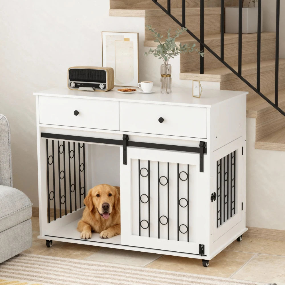 39.37'' Modern Wooden Dog Crate Furniture with Double Drawers and Sliding Barn Door, Decorative Pet Kennel End Table with Lock
