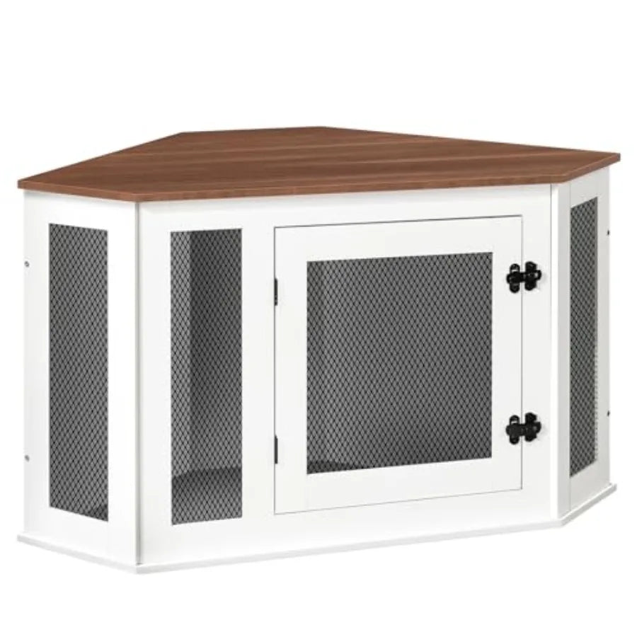 Corner Dog Crate Furniture, Wooden Dog Kennel End Table, Decorative Pet Crate Indoor Use, Furniture Style Dog House for Small M