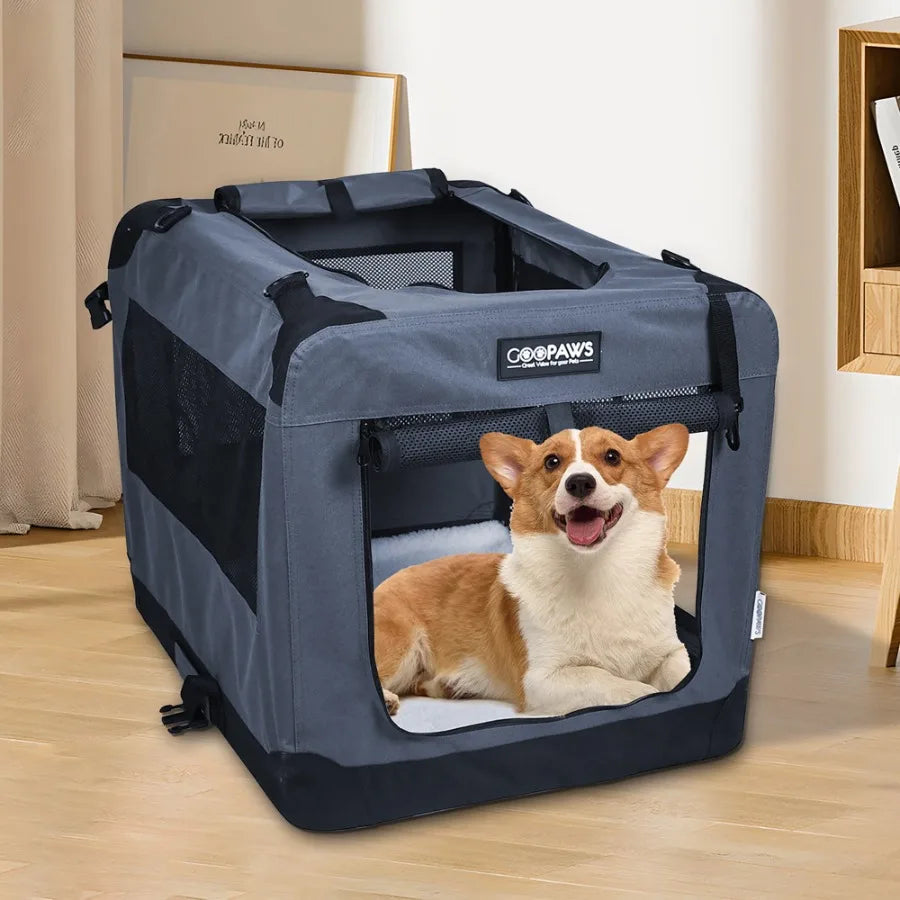 and GOOPAWS: 27" Soft Pet Crate - Grey - Dogs and Cats Up to 35 lbs 3 Door Folding Kennel Indoor Outdoor Travel Carrier Mesh Wi