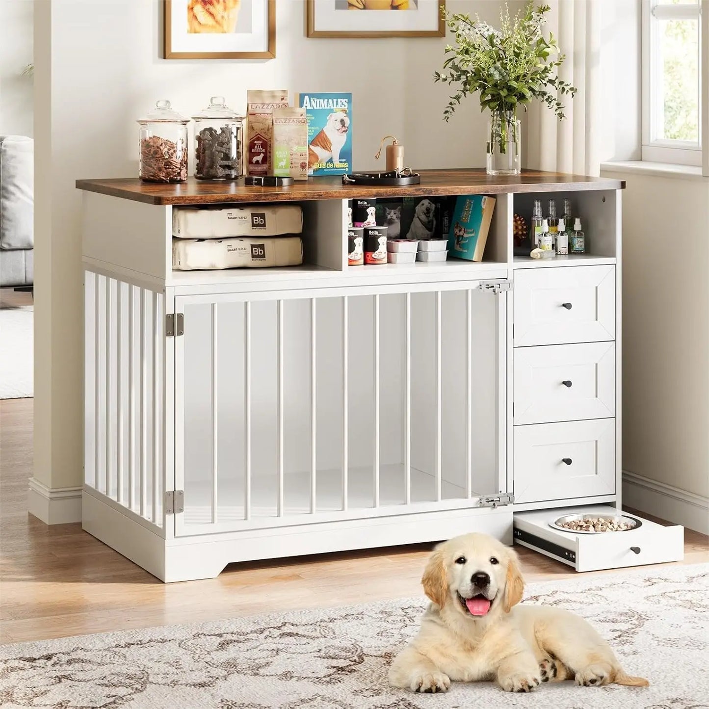 48 Inch Dog Crate Furniture, Farmhouse Dog Kennel with Bowl & Drawers, Heavy Duty Pet Crate Table for Medium Small Dogs