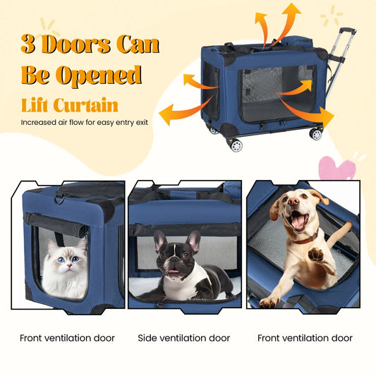 28'' 2-in-1 Collapsible Travel Dog Crate for Medium & Large Dogs, Rolling Pet Carrier with Wheels, 3-Door Portable Folding Kennel with Mesh Windows, for Indoor & Outdoor Use, Dark Blue