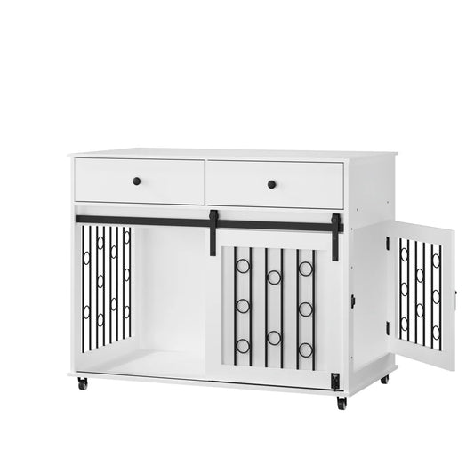39.37'' Modern Wooden Dog Crate Furniture with Double Drawers and Sliding Barn Door, Decorative Pet Kennel End Table with Lock