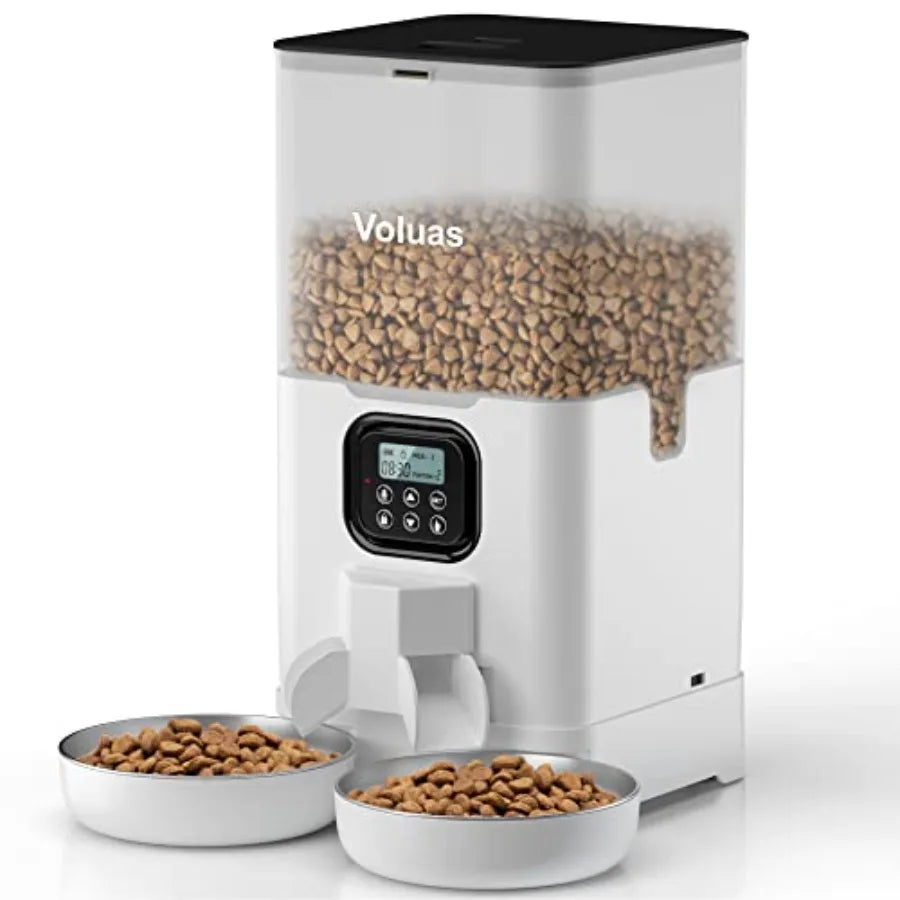 Automatic Cat Feeder for Two Cats, Double Pet Feeder with 2 Stainless Steel Bowls, Timed Cat Feeders with Memory Function