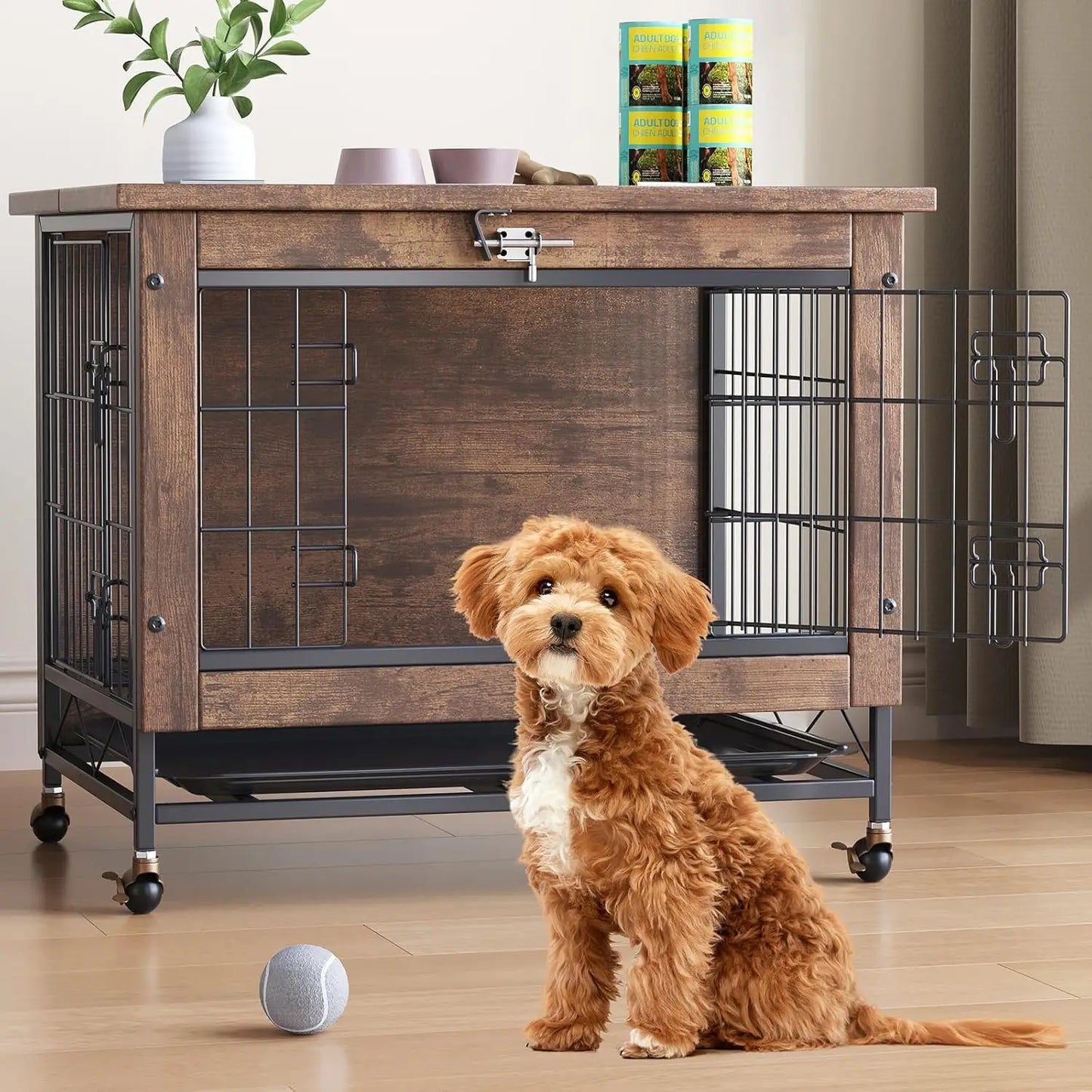 HiMISS Modern Wood and Metal Dog Crate Furniture With Wheels