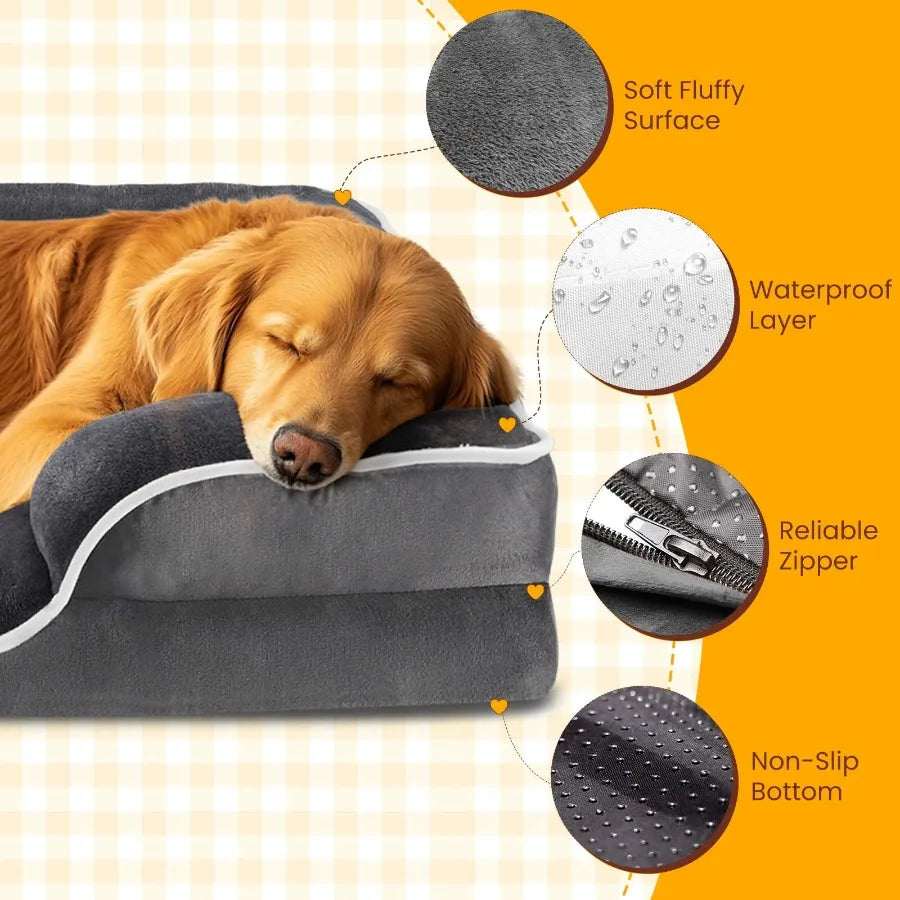 Memory Foam Dog Sofa Bed for Large Dogs, Supportive Pet Couch with Removable Cover, Gray Plush Mattress