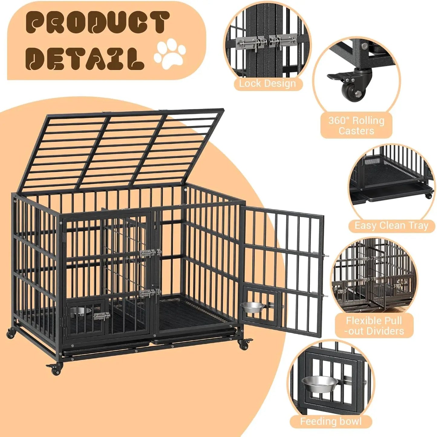 48 Inch Metal Dog Crate with Divider,2 Feeding Door and Bowls,Dog Kennel Indoor Outdoor Removable Tray and Wheels,Pet Cage House