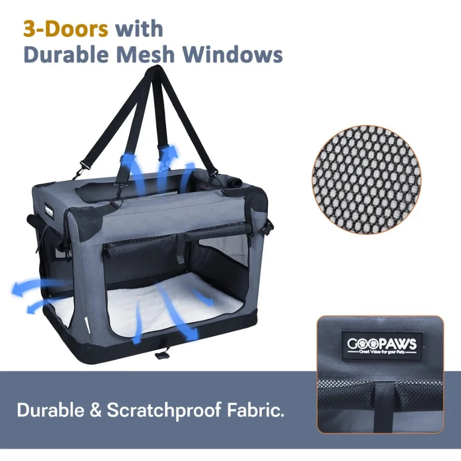 and GOOPAWS: 27" Soft Pet Crate - Grey - Dogs and Cats Up to 35 lbs 3 Door Folding Kennel Indoor Outdoor Travel Carrier Mesh Wi