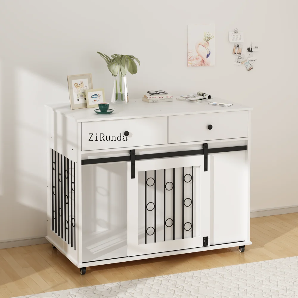 39.37'' Modern Wooden Dog Crate Furniture with Double Drawers and Sliding Barn Door, Decorative Pet Kennel End Table with Lock