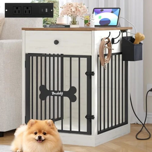 24.6'' Dog Crate Furniture with Charging Station, Dog Kennel Indoor with Flip-Top Storage, Wooden Pet Cage Dog House End Side T