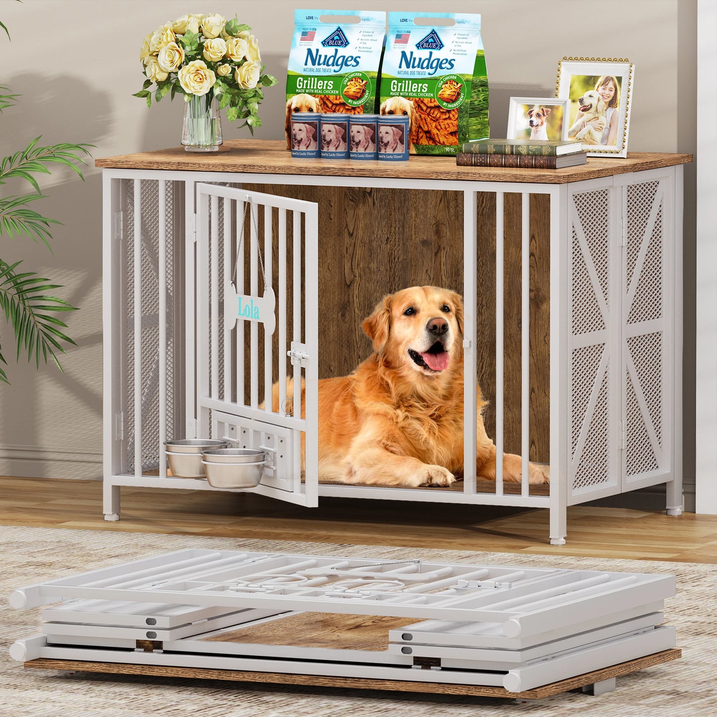 Foldable Large Dog Crate Furniture,31"/41.3"Assembly-Free Dog Crates for Large Dogs,Wooden Dog Kennel Indoor w/ Tag&Dog Bowls