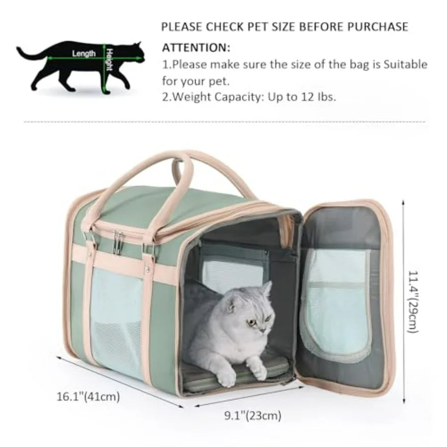 Luxury Mint Green PU Leather Pet Carrier Bag, Airline Compliant Portable Travel Crate with Breathable Mesh Panels and Shoulder
