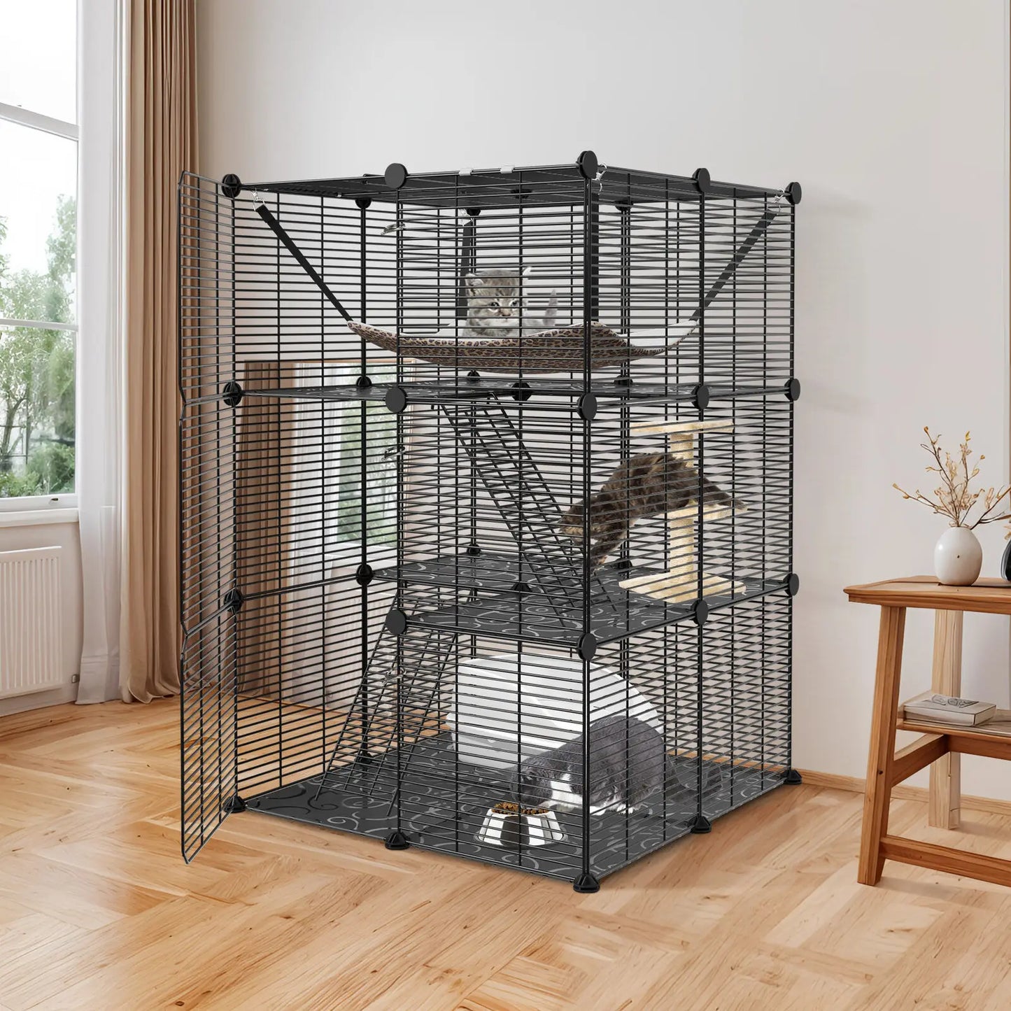 Triple-Tier Cat Cage Enclosure Playpen With Hammock For 1-2 Cats