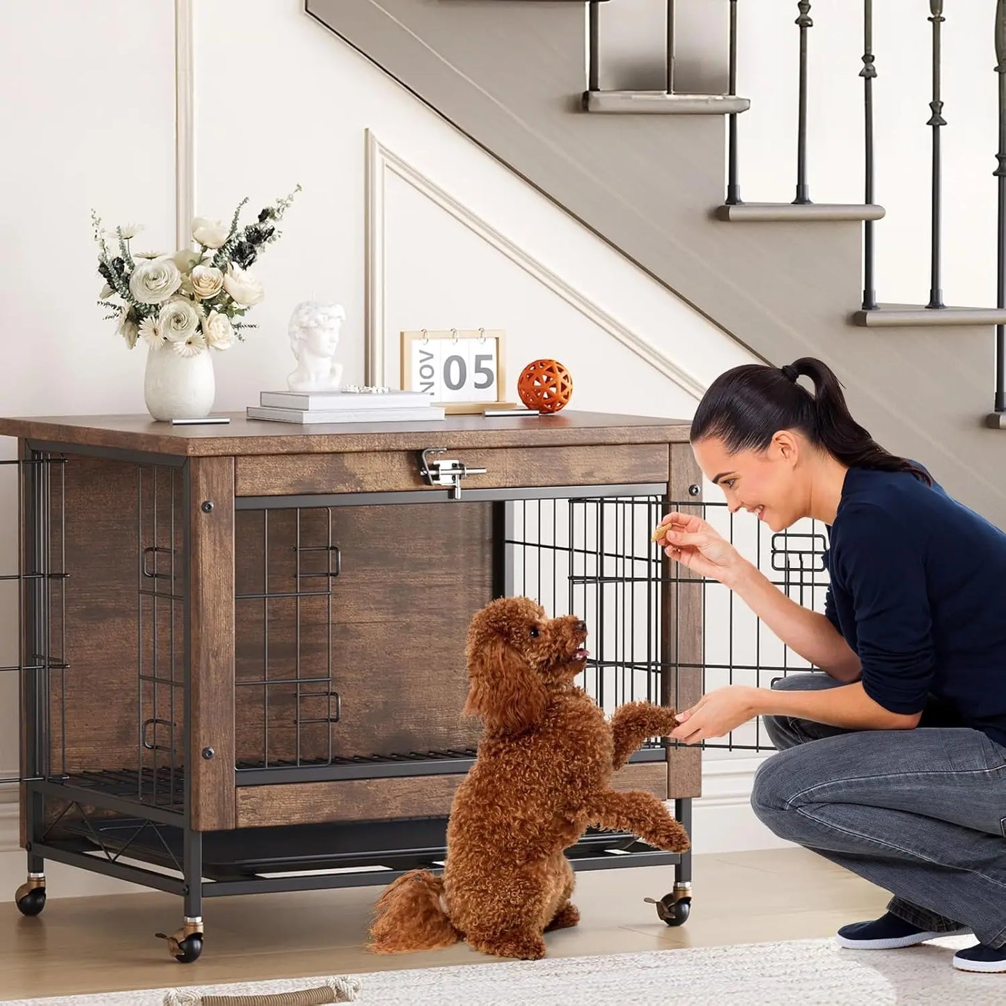 HiMISS Modern Wood and Metal Dog Crate Furniture With Wheels