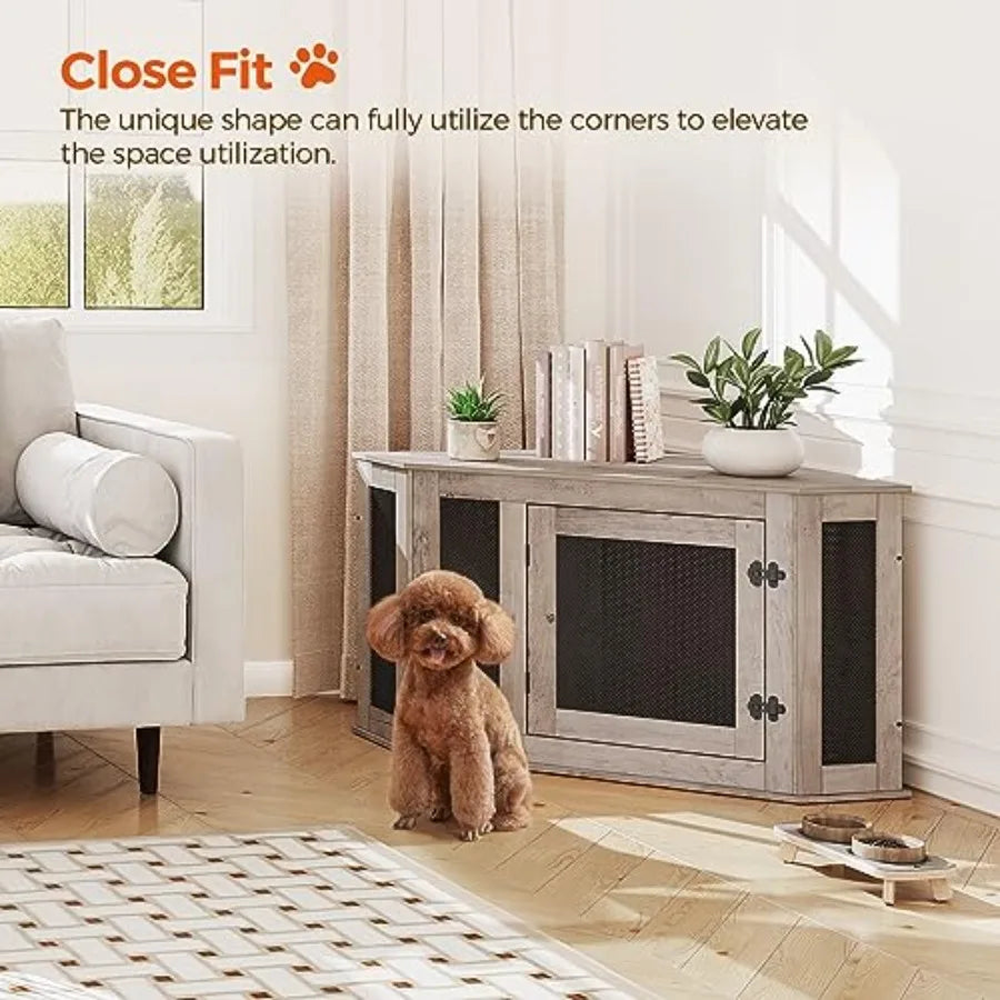 Corner Dog Crate Furniture, Wooden Dog Kennel End Table, Decorative Pet Crate Indoor Use, Furniture Style Dog House for Small M