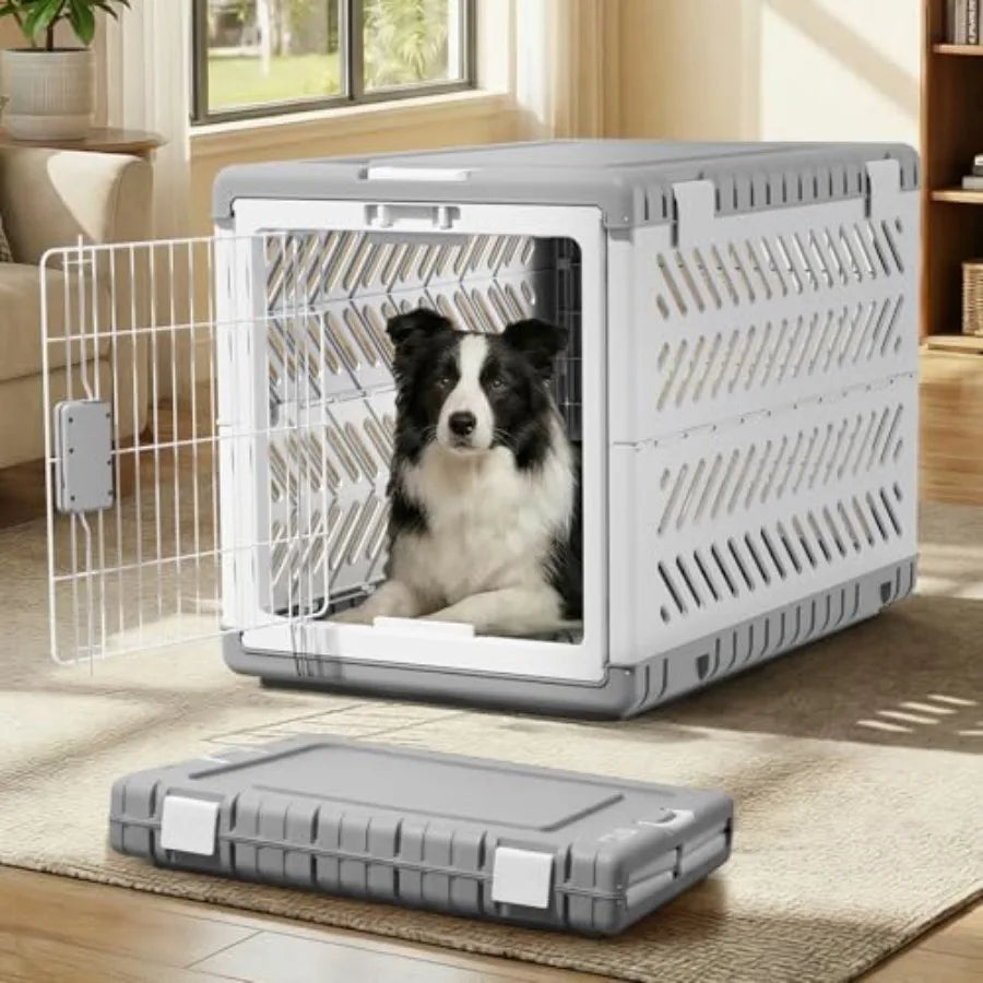 Collapsible Dog Crate for Medium/Small Dogs - 28" L Foldable Dog Cage No-Tool Assembly, Travel Dog Crate with 2 Wheels - Easy t