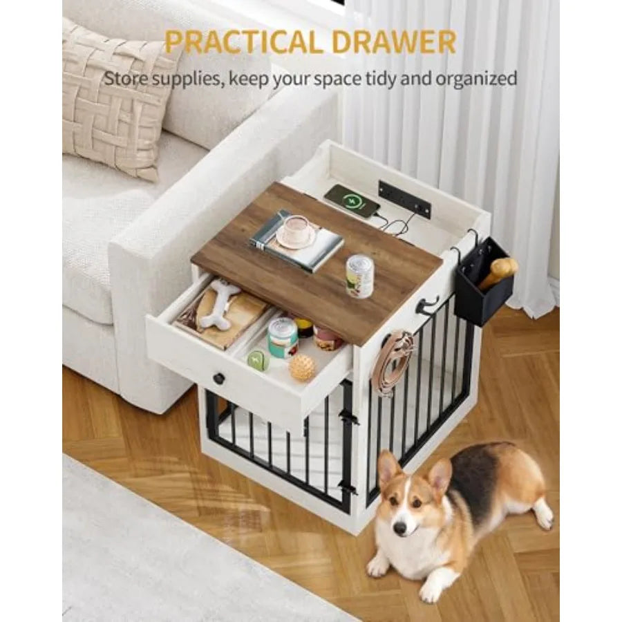 24.6'' Dog Crate Furniture with Charging Station, Dog Kennel Indoor with Flip-Top Storage, Wooden Pet Cage Dog House End Side T