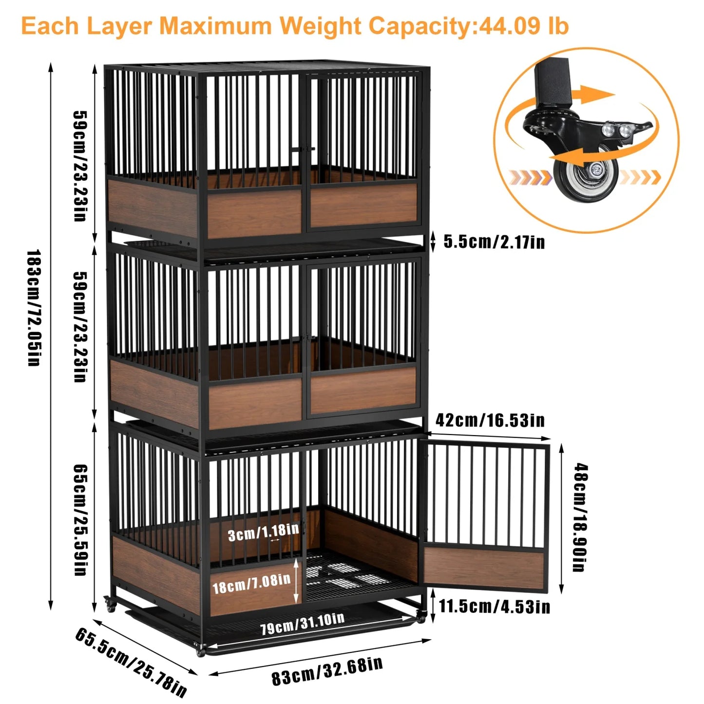 Heavy Duty Dog Crate Cage Kennel Removable Tray Rolling Pet Cat Kitten Whelping Cage on Wheels for Homes Cat Boarding Pet Shops Stackable 2 in 1