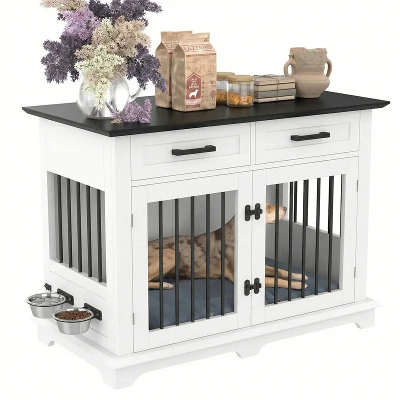 44.48" Wooden Dog Crate End Table with 2 Drawers and Rotating Bowls, White Black Pet Kennel for Medium Dogs