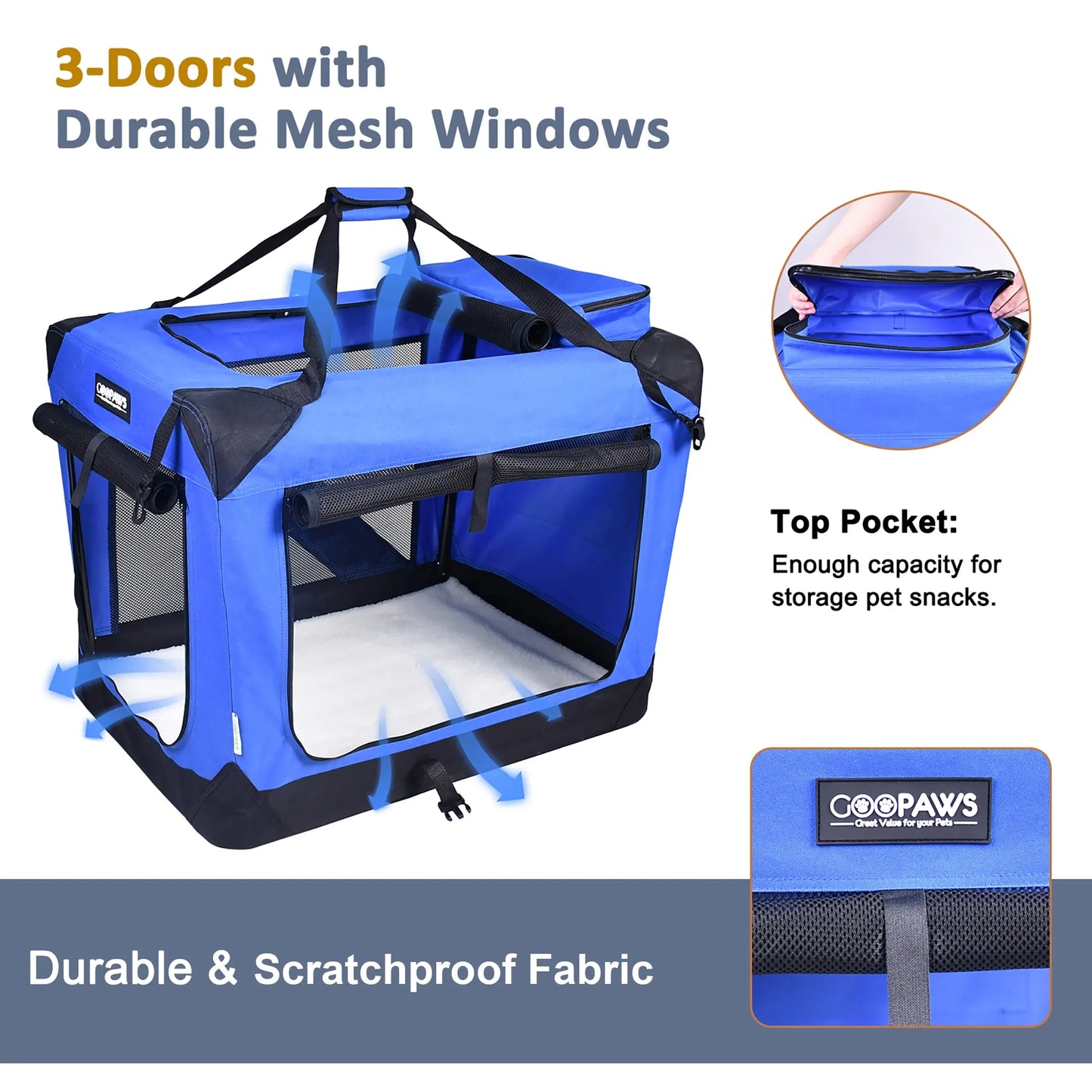 JESPET: 30' Soft Pet Crate - Blue - Dogs & Cats Up to 50 lbs, 3 Door Folding Kennel, Indoor Outdoor Travel Carrier, Mesh Windows