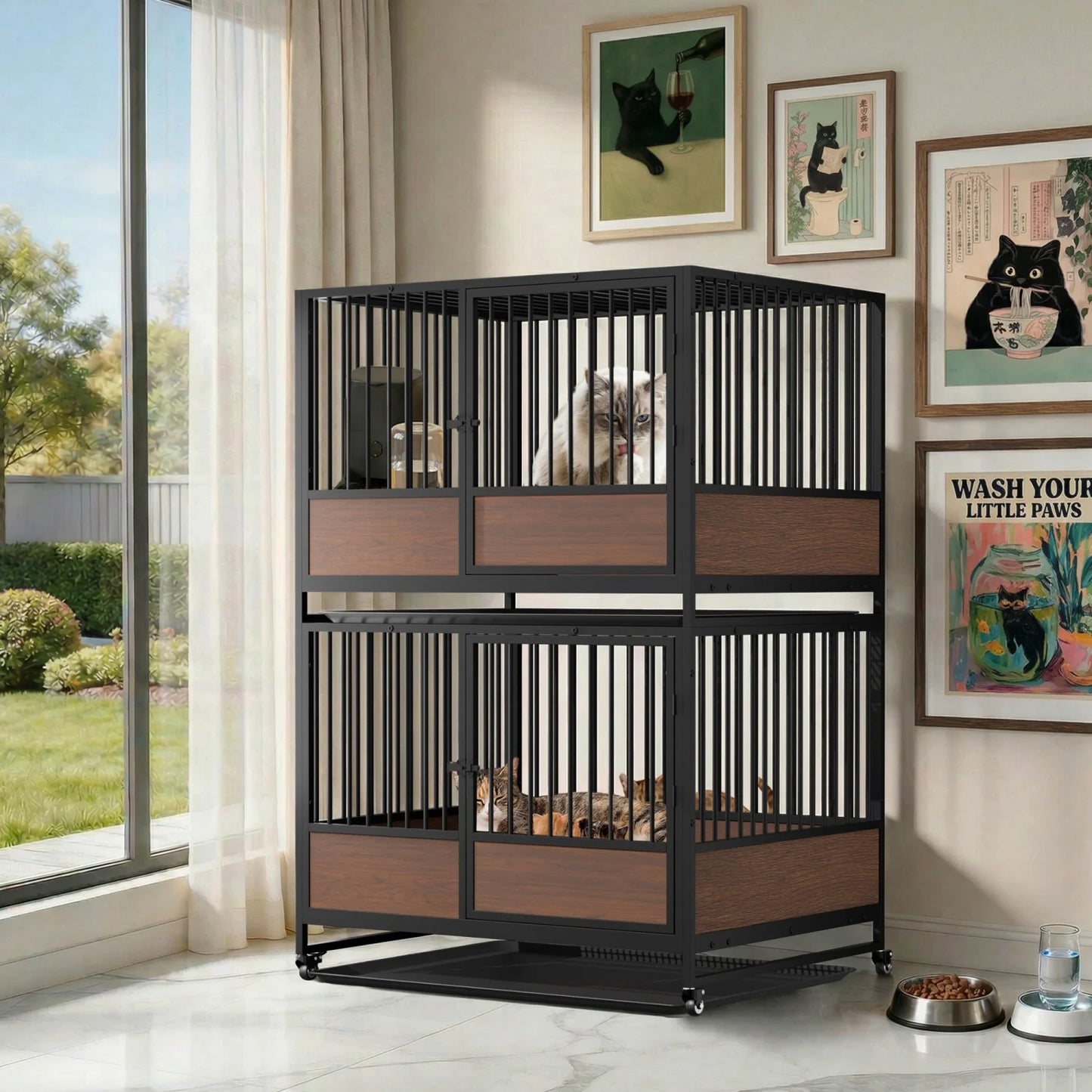 Heavy Duty Dog Crate Cage Kennel Removable Tray Rolling Pet Cat Kitten Whelping Cage on Wheels for Homes Cat Boarding Pet Shops Stackable 2 in 1