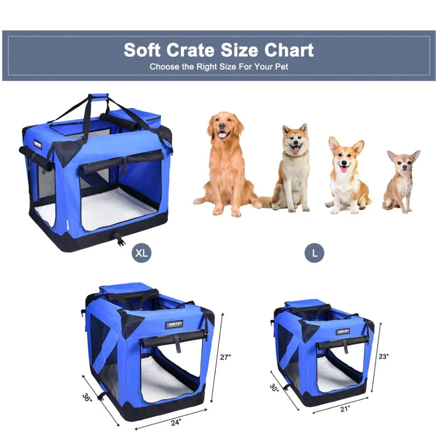 : 30" Soft Pet Crate - Blue - Dogs and Cats Up to 50 lbs 3 Door Folding Kennel Indoor Outdoor Travel Carrier Mesh Windows Fleec