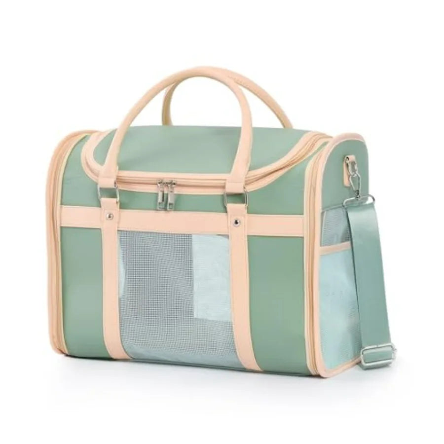 Luxury Mint Green PU Leather Pet Carrier Bag, Airline Compliant Portable Travel Crate with Breathable Mesh Panels and Shoulder