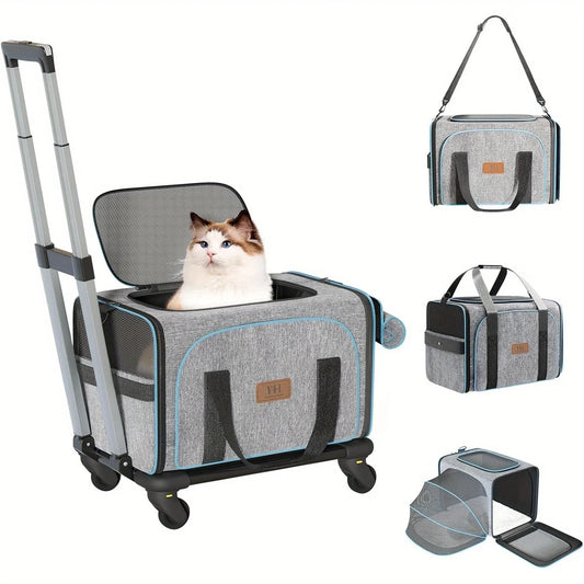 WESTERN HOME WH Wheeled Cat Cage, Expandable Rolling Pet Cage, Aviation Certified, Travel Dog Crate with Detachable Base and Telescopic Handle, Suitable for Traveling/Hiking/Camping