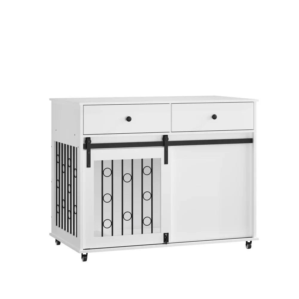 39.37'' Modern Wooden Dog Crate Furniture with Double Drawers and Sliding Barn Door, Decorative Pet Kennel End Table with Lock