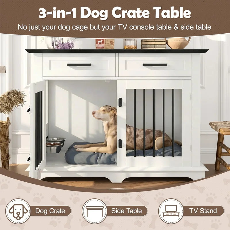 44.48" Wooden Dog Crate End Table with 2 Drawers and Rotating Bowls, White Black Pet Kennel for Medium Dogs