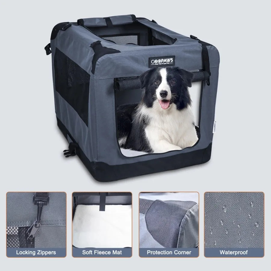 and GOOPAWS: 27" Soft Pet Crate - Grey - Dogs and Cats Up to 35 lbs 3 Door Folding Kennel Indoor Outdoor Travel Carrier Mesh Wi