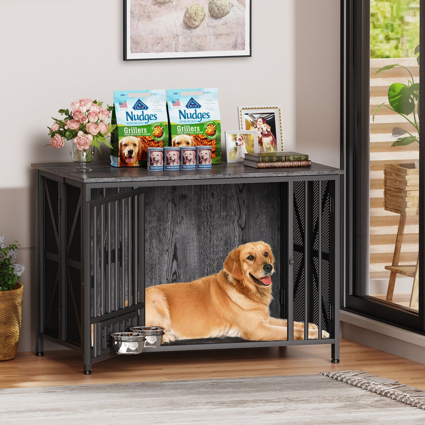 Foldable Large Dog Crate Furniture,31"/41.3"Assembly-Free Dog Crates for Large Dogs,Wooden Dog Kennel Indoor w/ Tag&Dog Bowls