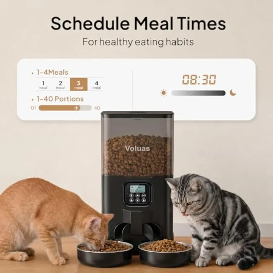 Automatic Cat Feeder for Two Cats, Double Pet Feeder with 2 Stainless Steel Bowls, Timed Cat Feeders with Memory Function