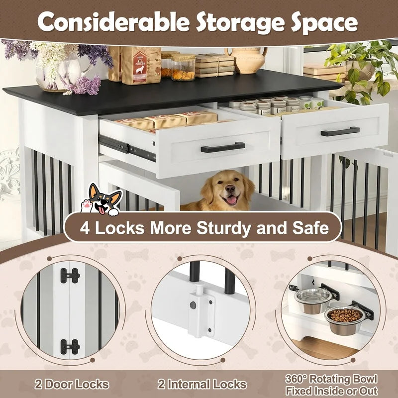 44.48" Wooden Dog Crate End Table with 2 Drawers and Rotating Bowls, White Black Pet Kennel for Medium Dogs