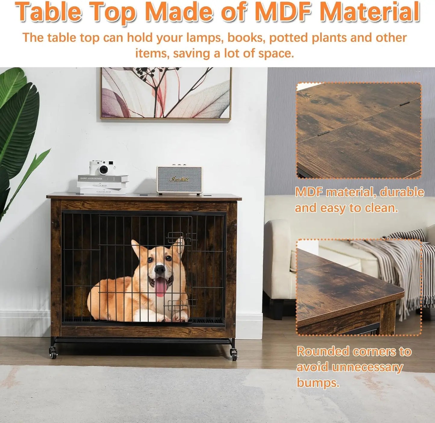 HiMISS Modern Wood and Metal Dog Crate Furniture With Wheels