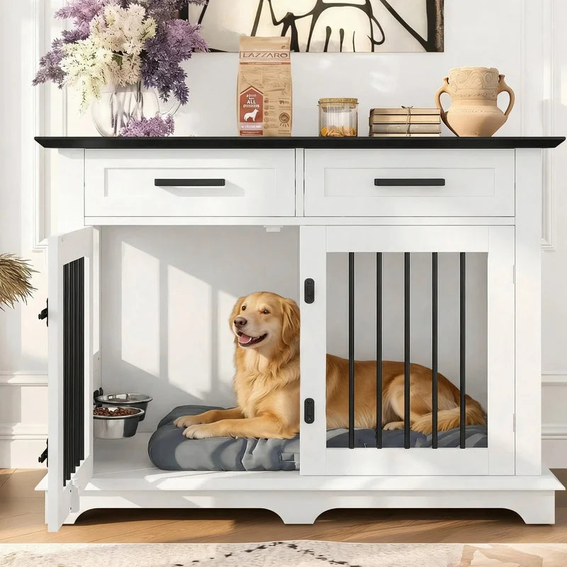 44.48" Wooden Dog Crate End Table with 2 Drawers and Rotating Bowls, White Black Pet Kennel for Medium Dogs