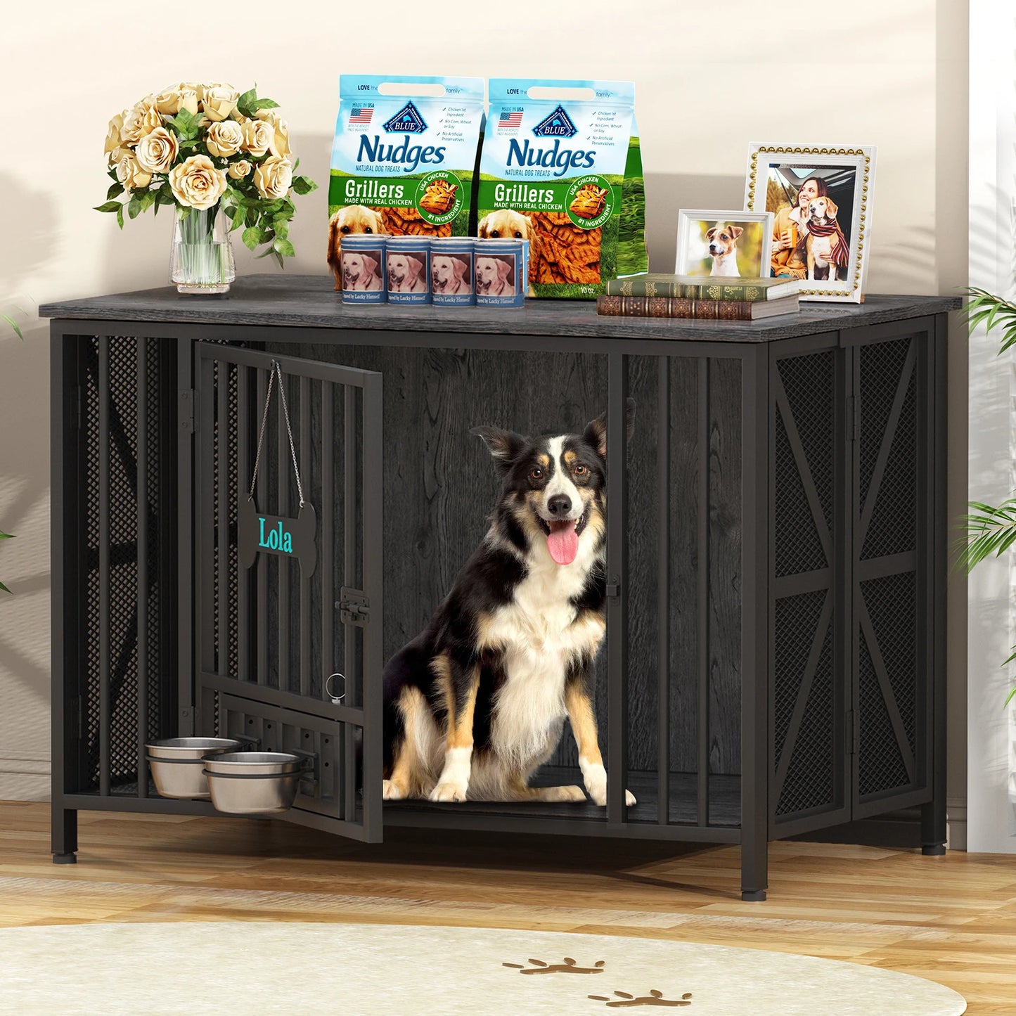 Foldable Large Dog Crate Furniture,31"/41.3"Assembly-Free Dog Crates for Large Dogs,Wooden Dog Kennel Indoor w/ Tag&Dog Bowls