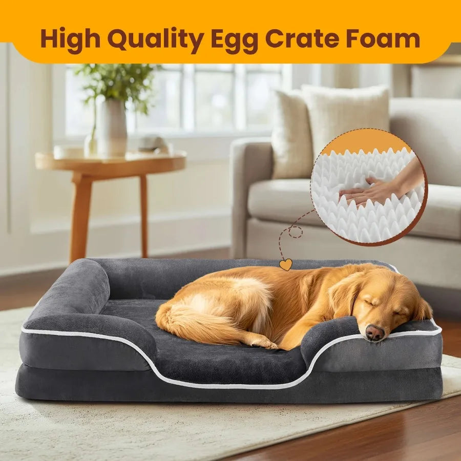 Memory Foam Dog Sofa Bed for Large Dogs, Supportive Pet Couch with Removable Cover, Gray Plush Mattress