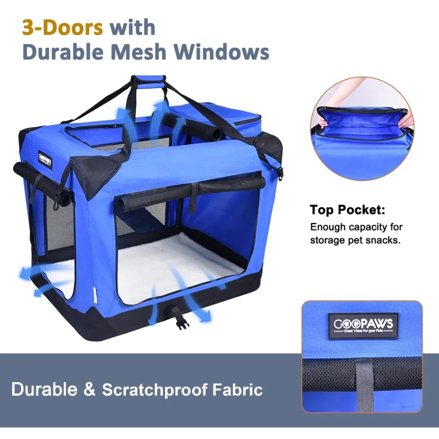 : 30" Soft Pet Crate - Blue - Dogs and Cats Up to 50 lbs 3 Door Folding Kennel Indoor Outdoor Travel Carrier Mesh Windows Fleec