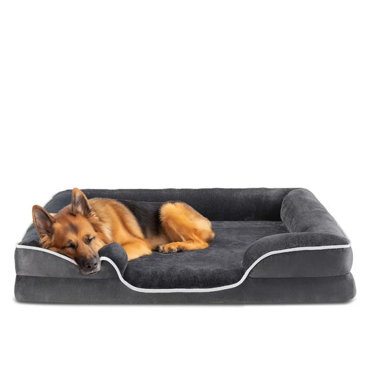 Memory Foam Dog Sofa Bed for Large Dogs, Supportive Pet Couch with Removable Cover, Gray Plush Mattress