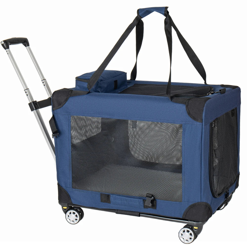 28'' 2-in-1 Collapsible Travel Dog Crate for Medium & Large Dogs, Rolling Pet Carrier with Wheels, 3-Door Portable Folding Kennel with Mesh Windows, for Indoor & Outdoor Use, Dark Blue
