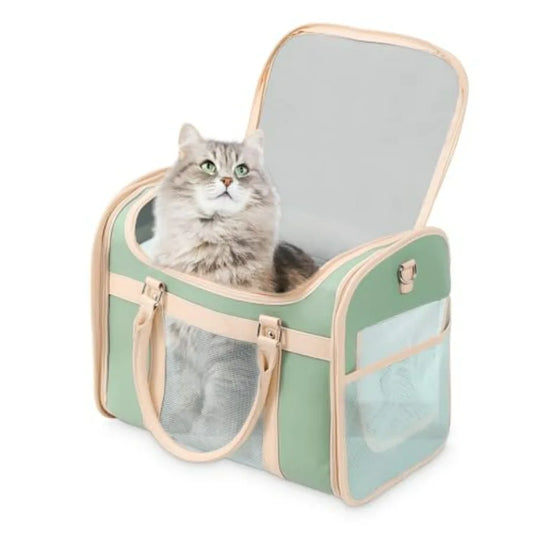 Luxury Mint Green PU Leather Pet Carrier Bag, Airline Compliant Portable Travel Crate with Breathable Mesh Panels and Shoulder